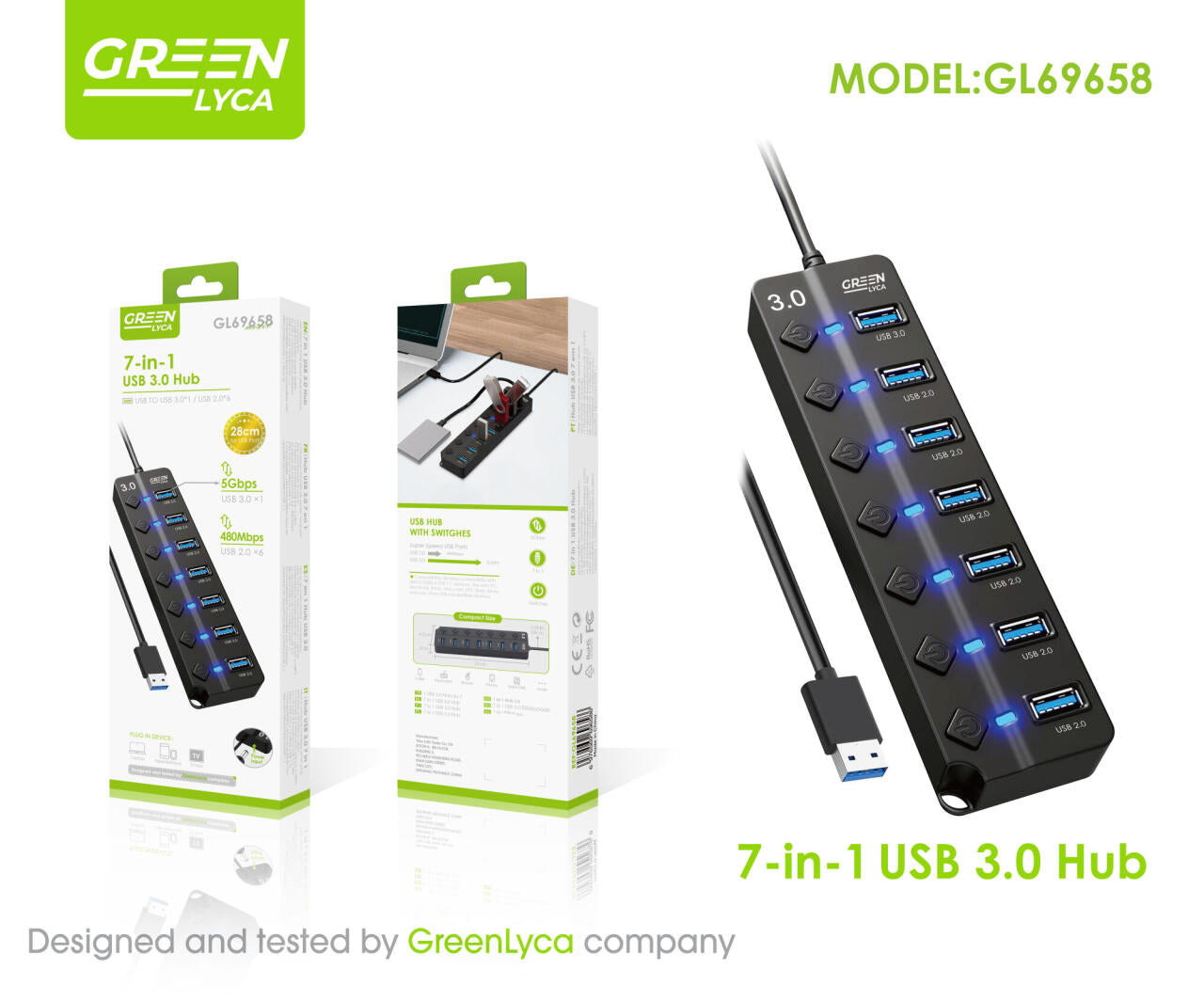 Concentrador USB 7 EN 1/ CON INTERRUPTORES ON/OFF, USB 3.0 X1, USB 2.0 X6, Green Lyca gl69658