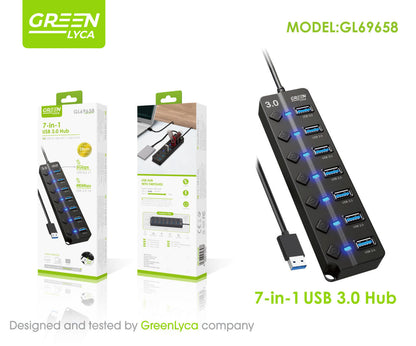 Concentrador USB 7 EN 1/ CON INTERRUPTORES ON/OFF, USB 3.0 X1, USB 2.0 X6, Green Lyca gl69658