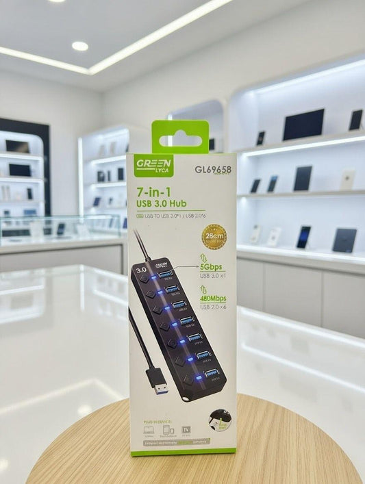 Concentrador USB 7 EN 1/ CON INTERRUPTORES ON/OFF, USB 3.0 X1, USB 2.0 X6, Green Lyca gl69658